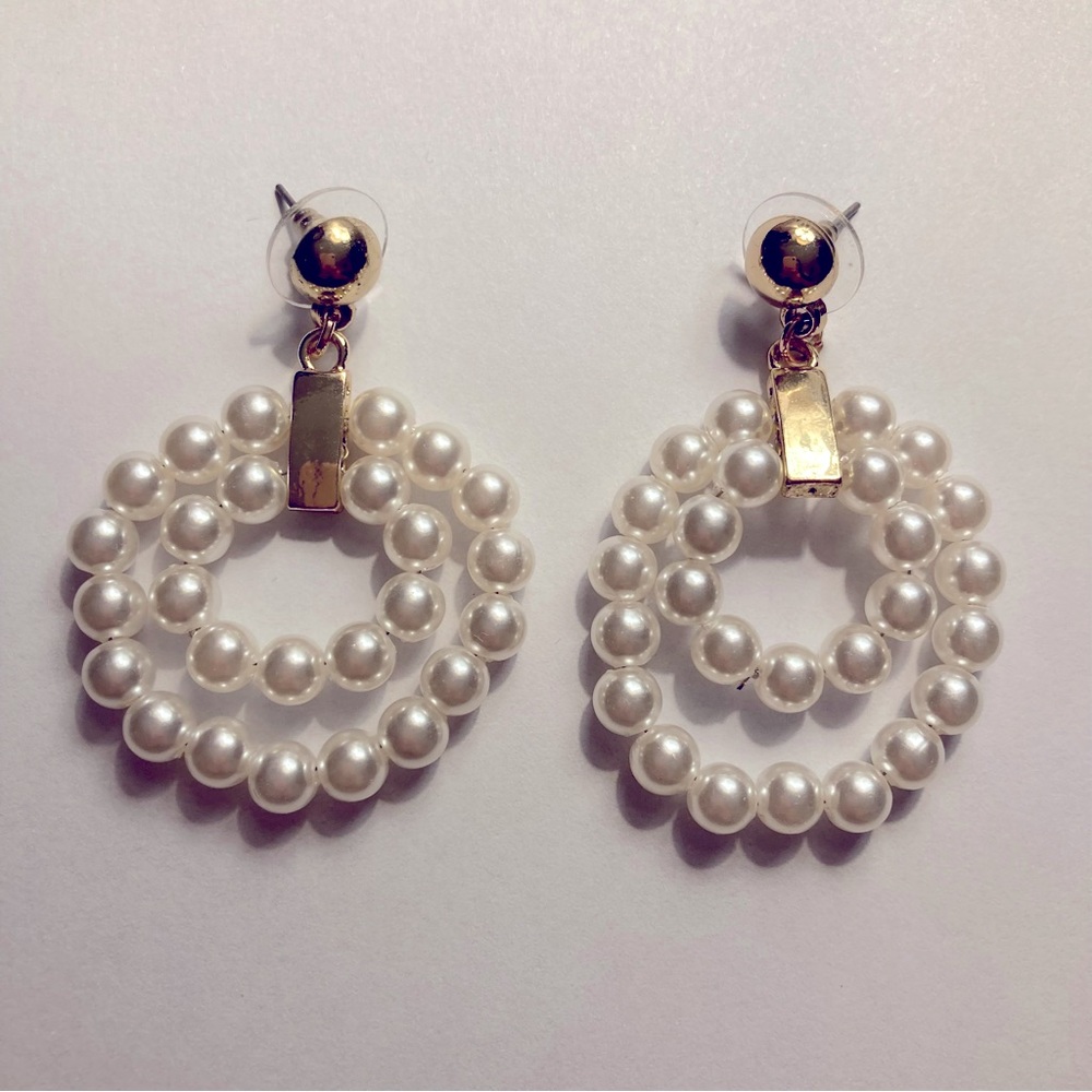 Gold Pearl Dangling Statement Drop Earrings Formal Prom Wedding Bridal Jewelry